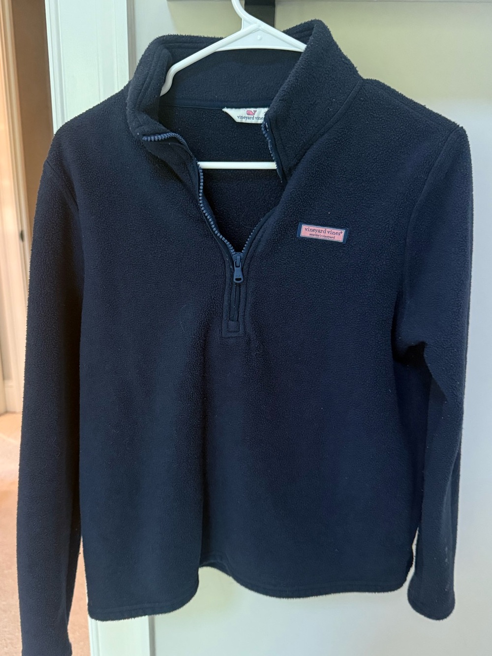 Vineyard Vines Navy Fleece Quarter-Zip with Pink Whale Logo